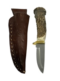 Stag Handle Knife w/ Embossed Leather Sheath