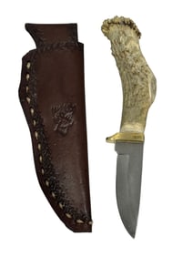 Stag Handle Knife w/ Embossed Leather Sheath