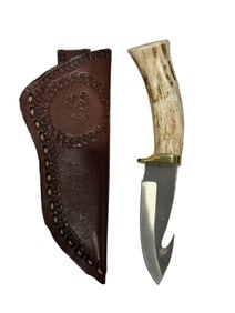 Stag Handle Knife w/ Embossed Leather Sheath
