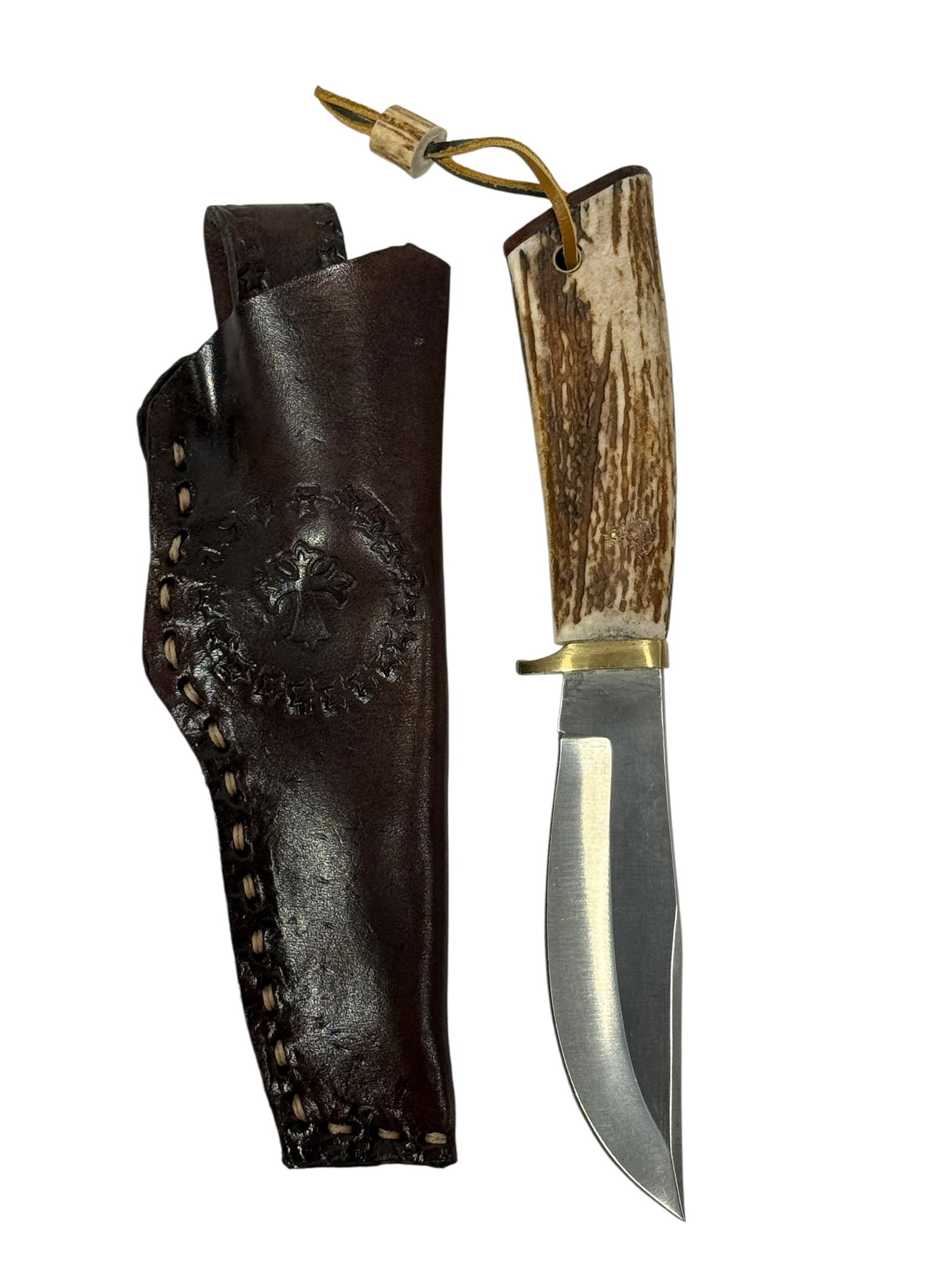 Stag Handle Knife w/ Embossed Leather Sheath: Stag Handle Knife w/ Embossed Leather Sheath. Overall measures 10" Long. Blade measures 5" Long.