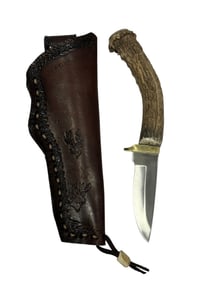 Stag Handle Knife w/ Embossed Leather Sheath