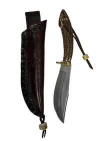 Stag Handle Knife w/ Embossed Leather Sheath