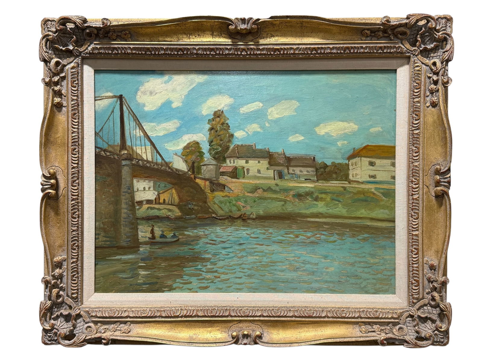 Oil on Canvas "The Bridge at Villenuve-la-Garenne" Painting: Oil on Canvas "The Bridge at Villenuve-la-Garenne" Painting in The Style of Alfred Sisley. Painting measures 23.5" x 17.5". Frame measures 31.5" x 25.5". Frame has some light scuffs and a broken piece