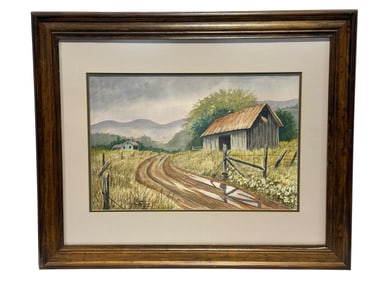 Signed Gwen Skelton "Farm Land" Watercolor Painting