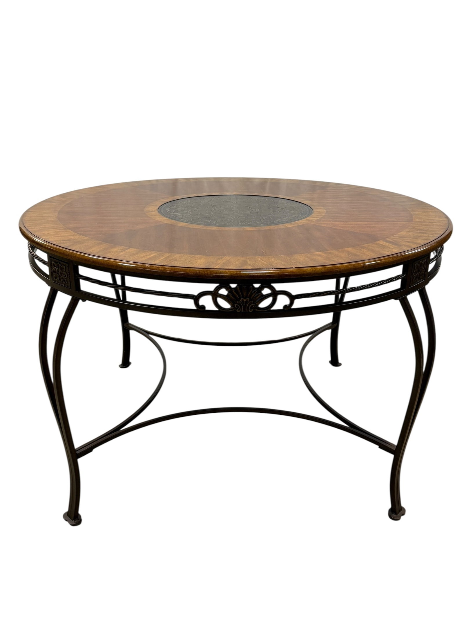 Large Round Top Wood & Iron Table w/ Medallion Center (1 of 5)
