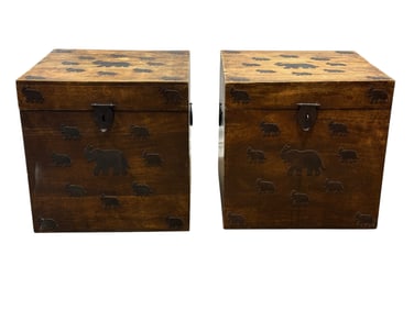 Pair of Wooden Storage Boxes w/ Metal Elephant Motifs