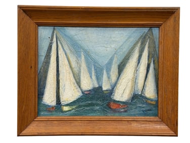 Signed Oil on Board "Sail Boats at Sea" Painting