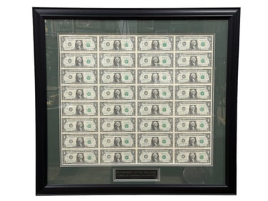 Framed Uncut Sheet of US $1 Bills