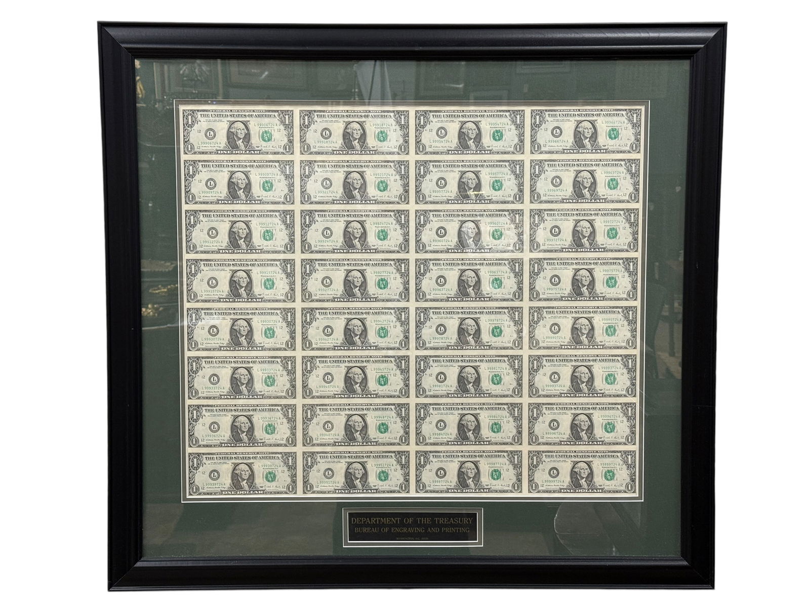 Framed Uncut Sheet of US $1 Bills (1 of 4)