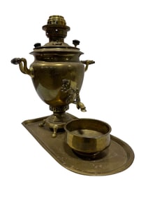 19th C. Brass Samovar w/ Tray & Drip Bowl