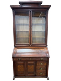 19th C. Cylinder Walnut & Burl Secretary Desk w/ Hutch Top