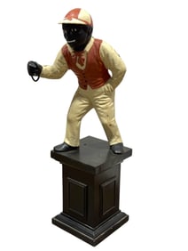 19th C. Cast Iron Blackamoor Jockey Hitching Post on Wood Base