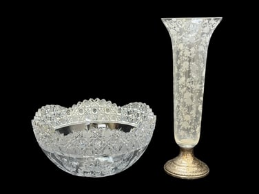 Etched Glass Vase on Sterling Base & Cut Glass Bowl