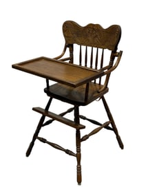 Antique Oak Pressed Back High Chair w/ Tray