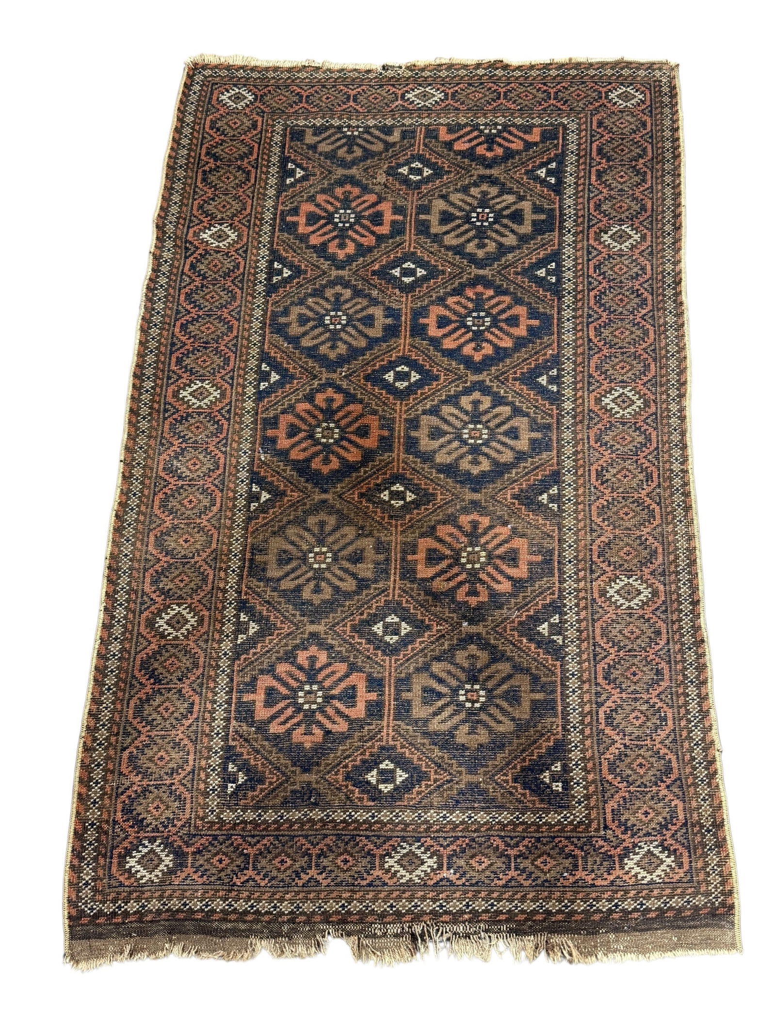 Antique Hand Knotted Baluch Afghan Rug: Antique Hand Knotted Baluch Afghan Rug. Measures 4' 11" x 2' 11". Has some fraying and discolor.