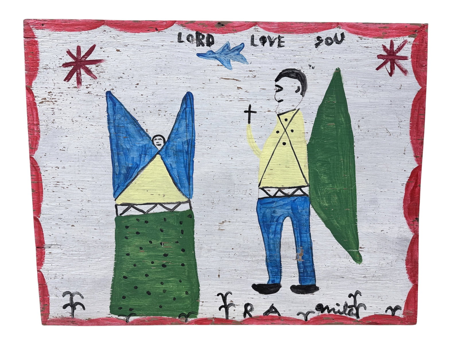 Large RA Miller "Lord Love You" Folk Art Painting on Plywood: Large RA Miller "Lord Love You" Folk Art Painting on Plywood. Signed near bottom edge and titled near top edge. Purchased from his house in 1996. Measures 51" x 40.25". Has some chips to paint.
