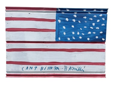 Signed RA Miller "Can't Birn Me" American Flag Painting on Tin