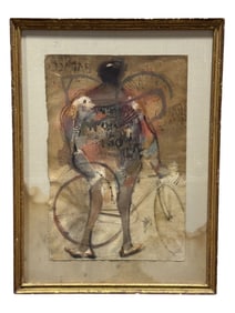 Signed Moroni c1962  Mixed-Media "Figure w/ Bicycle" Art