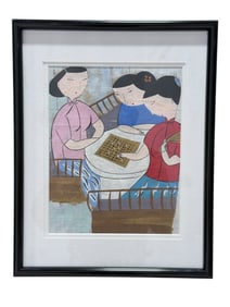 Framed Gouache Painting on Paper by Hu Yongkai