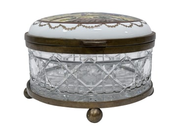 RARE Antique French Bronze Mounted Porcelain Glass Biscuit Box