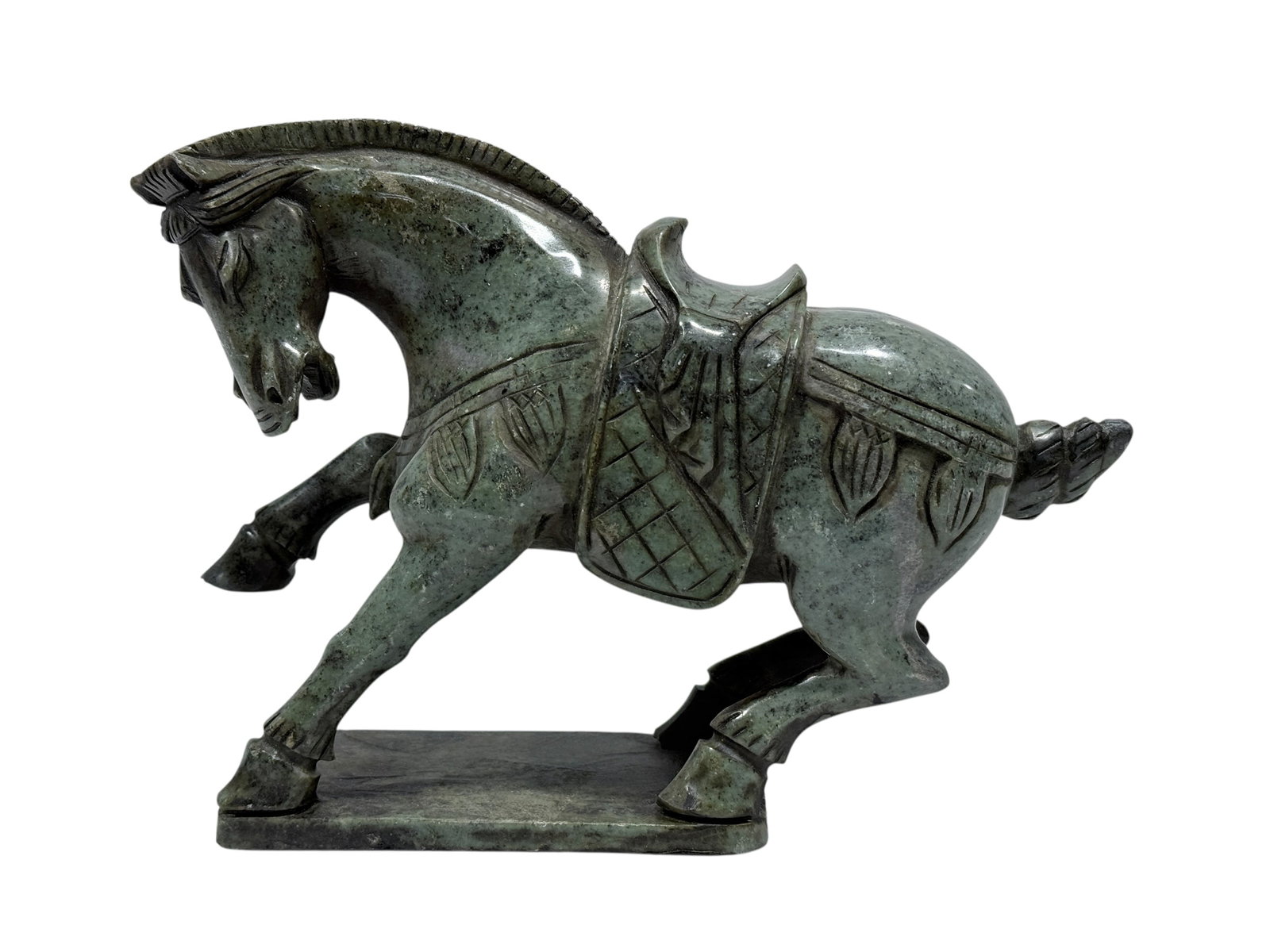 Tang Dynasty Style Hand Carved Jade Horse Sculpture: Tang Dynasty Style Hand Carved Jade Horse Sculpture. Measures 6.75" H x 9.5" W. Has some scuffs.