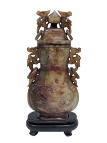 Fine Quality Carved Heitan Jade Lidded Vase w/ Wood Base