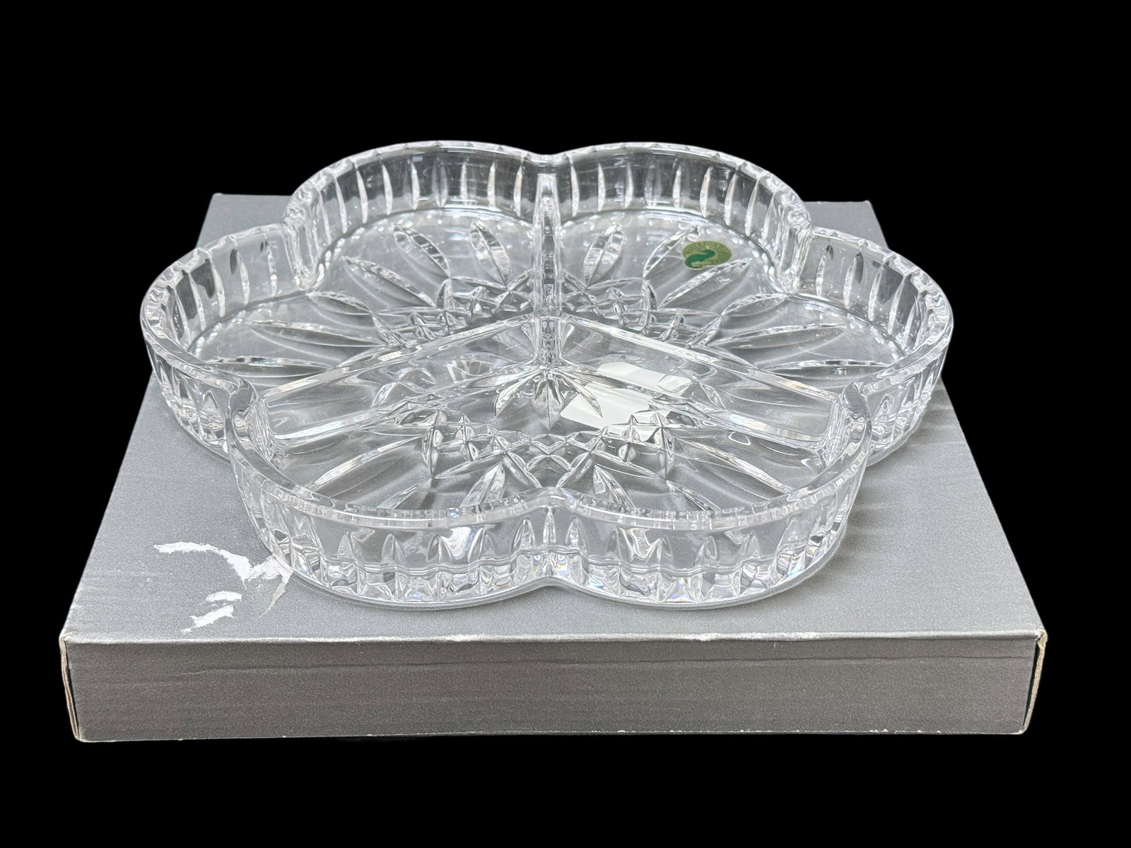 Waterford Crystal Lismore 3-Part Relish Dish: Waterford Crystal Lismore 3-Part Relish Dish. In original box, clover shaped and marked on the underside. Measures 1.25" H x 9.5" x 9.5". In good condition.