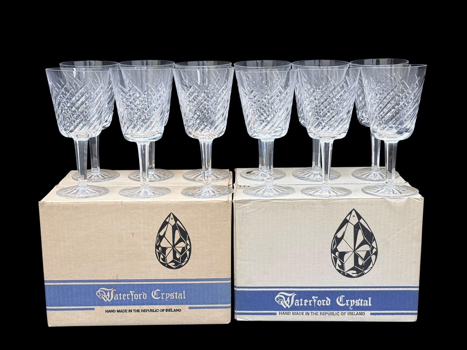 (12Pc) Vintage Waterford Crystal Old Irish "Michele" Goblets: (12Pc) Vintage Waterford Crystal Old Irish "Michele" Goblets. Water goblet, in original box, hand made in the republic of Ireland. New in Boxes. Measures 7" Tall. In good condition.