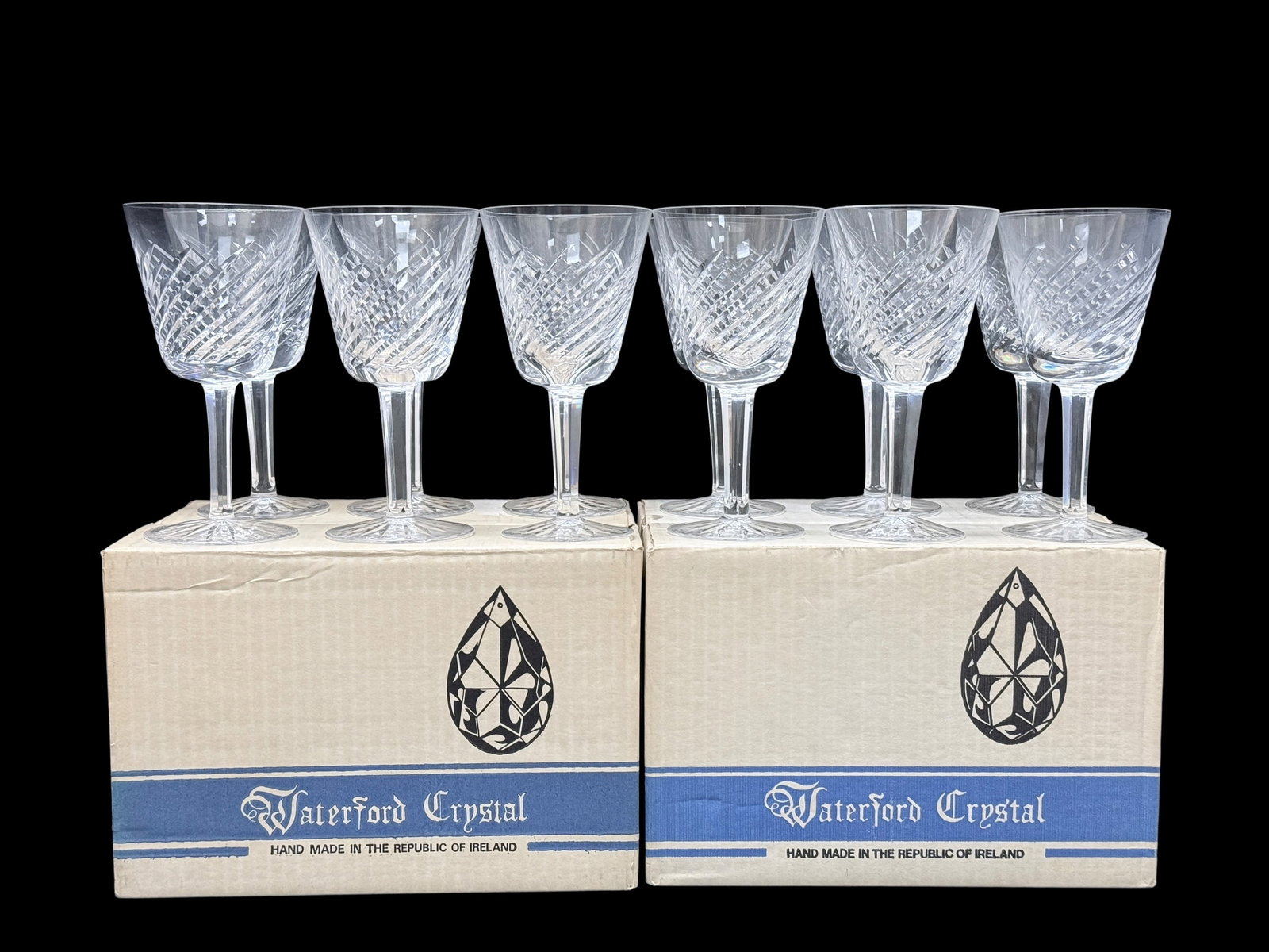 (12Pc) Vintage Waterford Crystal Old Irish "Michele" Clarets: (12Pc) Vintage Waterford Crystal Old Irish "Michele" Clarets. Wine glasses, in original box, hand made in the republic of Ireland. New in Boxes. Measures 5 7/8" Tall. In good condition.