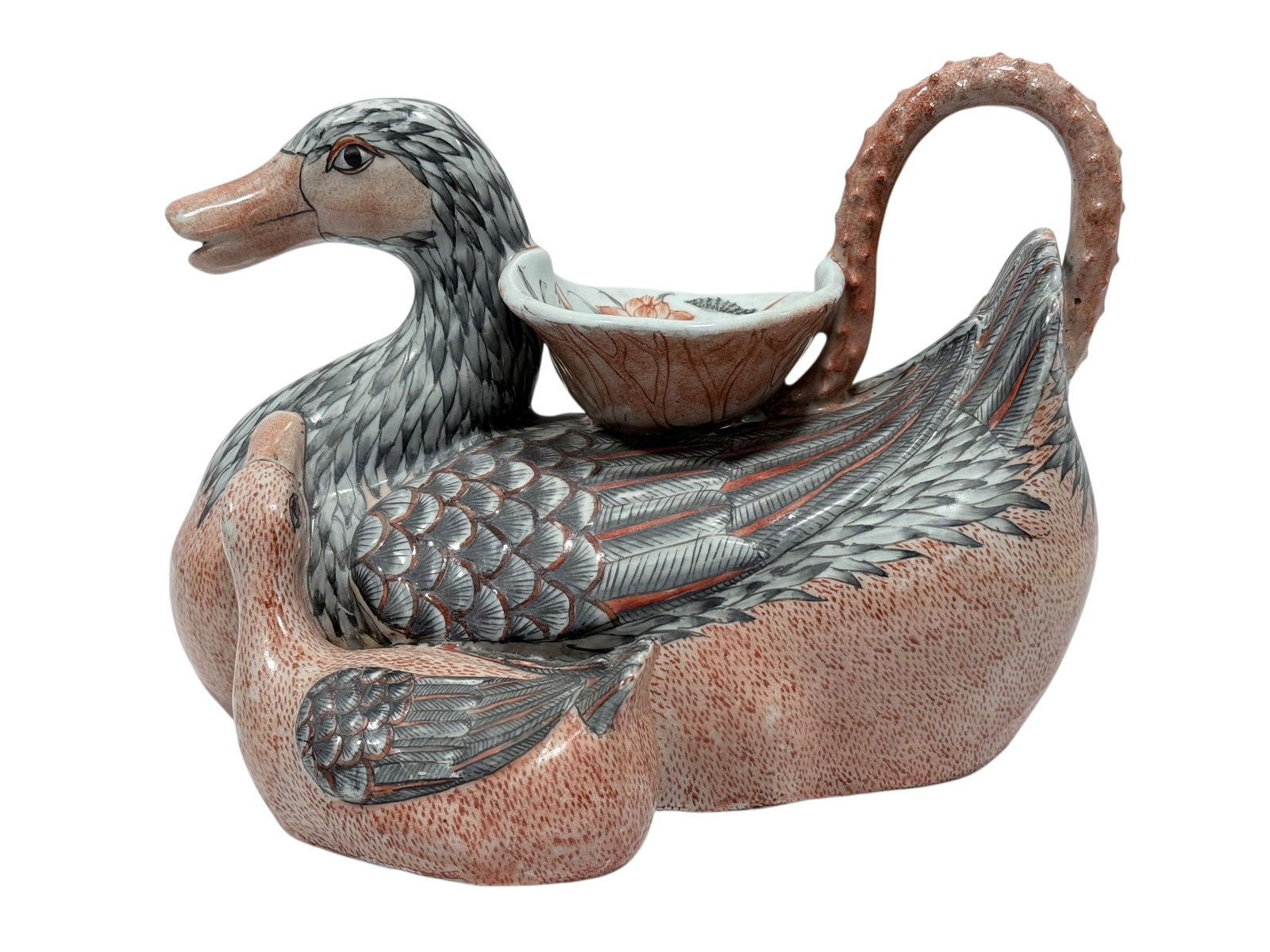Quality Chinese Imari Style Porcelain Duck Teapot: Quality Chinese Imari Style Porcelain Duck Teapot. Measures 8" H x 11.25" W x 8" D. Has some very light scuffs to paint. Missing cap.