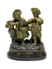 Antique Borghese Green Glazed Chalkware "Boy & Girl" Sculpture