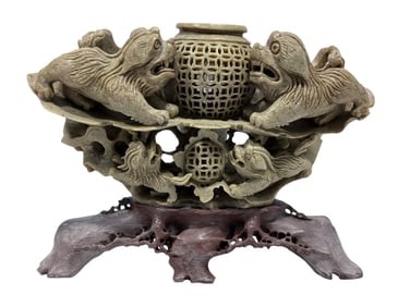 Chinese Carved Soapstone Foo Dog Incense Burner