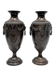 Pair of Bronze Gothic Neoclassical Lionhead Urns