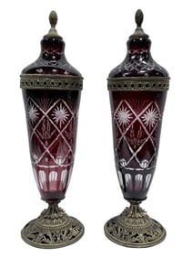(2) Bronze Mounted Cranberry Cut to Clear Bohemian Covered Urns