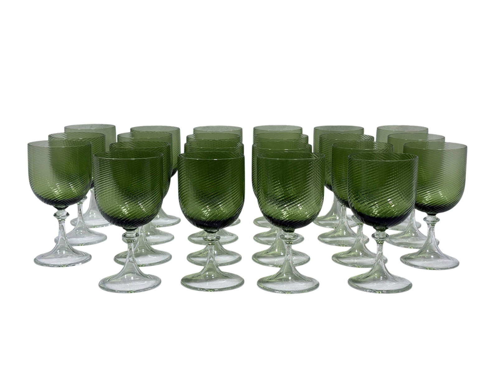 22Pc of Green Murano Stemware: 22Pc of Green Murano Stemware. All pieces are marked. Measures 5.75" Tall. In good condition.