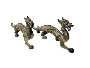 Pair of Antique Gilt & Painted Bronze Chinese Dragon Statues