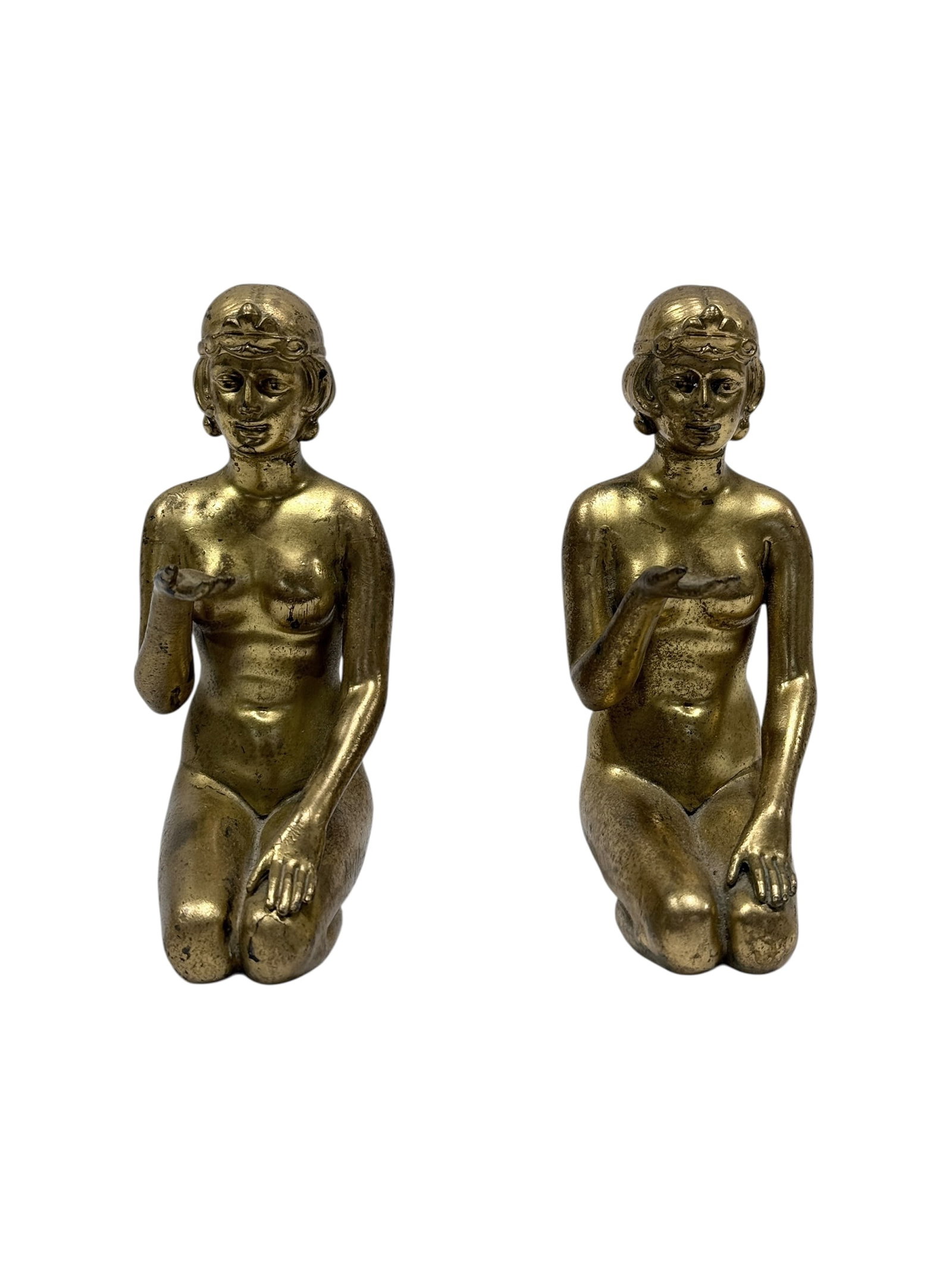 Pair of Antique Metal Art Deco Kneeling Women: Pair of Antique Metal Art Deco Kneeling Women. Measures 4.5" Tall. Has scuffs and scratches.