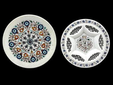 (2) Pietra Dura Inlaid Gemstone Marble Chargers