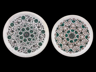 (2) Pietra Dura Inlaid Gemstone Marble Chargers