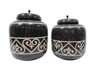 (2) Maitland Smith Black Cream Egg Shell Glaze Ginger Jars