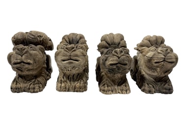 (4) 19th C. Carved Wood Architectural Foo Dog Sculptures