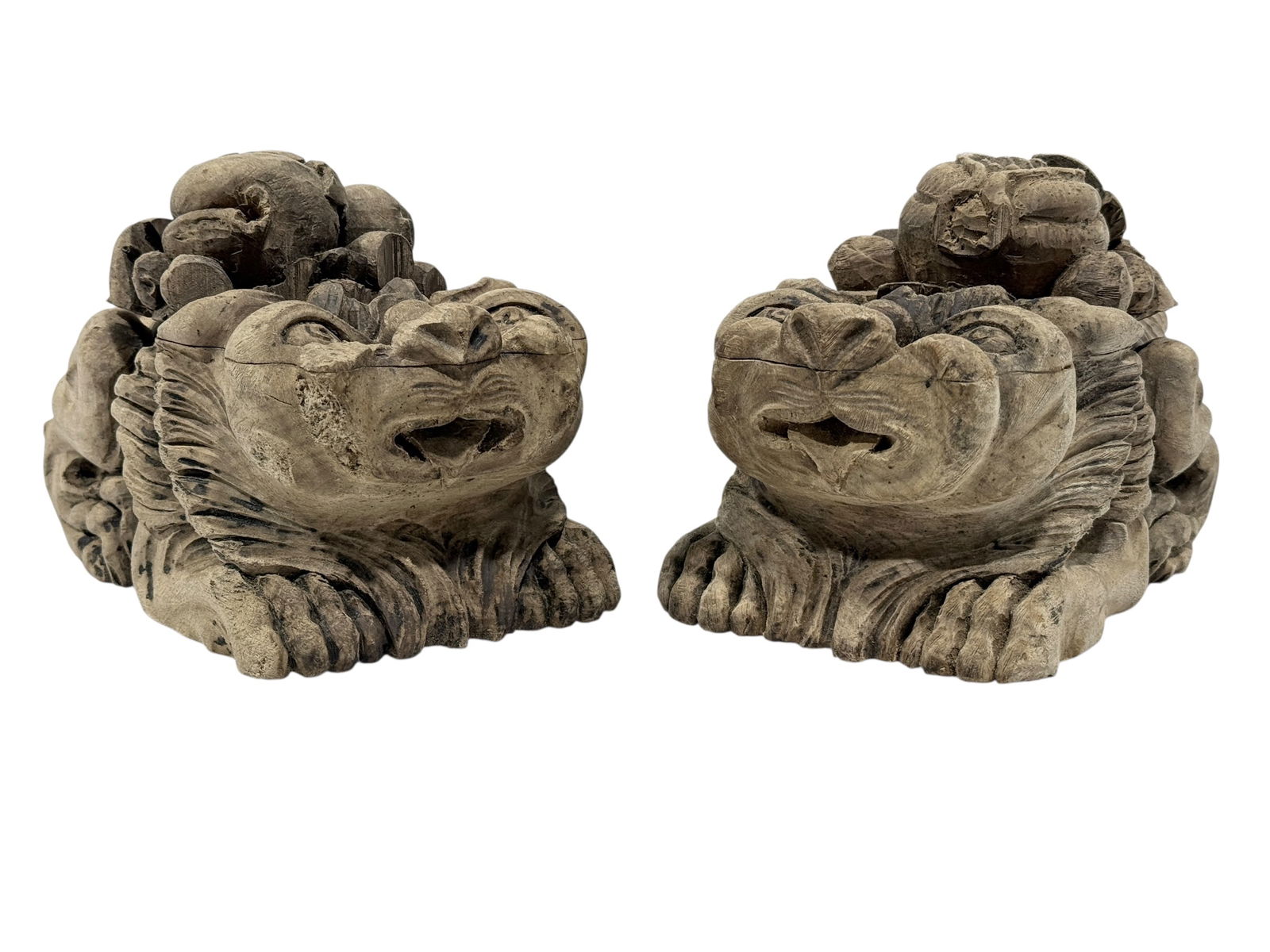 Pair of 19th C. Carved Wood Architectural Foo Dog Sculptures (1 of 8)