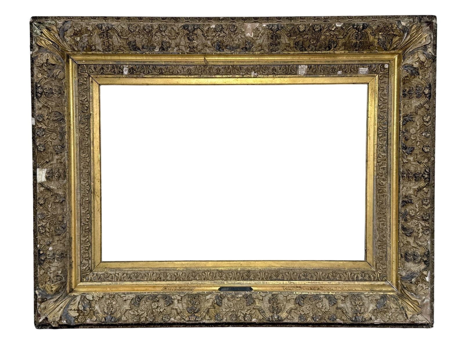19th C. Frame w/ Julian Alden Weir Plate: 19th C. Frame w/ Julian Alden Weir Plate. Has a Julian Alden Weir painting or reproduction painting inside frame before. Sight measures 23.75" x 15.75". Overall frame measures 35.5" x 27.5". Refer to