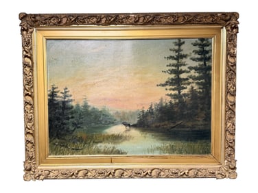 Signed 19th C. Oil on Canvas Moose & Landscape Painting