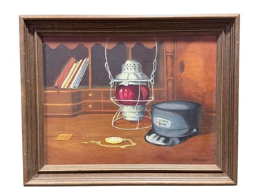 Signed N. Marcum Oil on Canvas "Locomotive Engineer" Painting