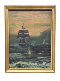 Signed M.H. Oliver Oil on Canvas "Sail Boat at Full Sail" Painting