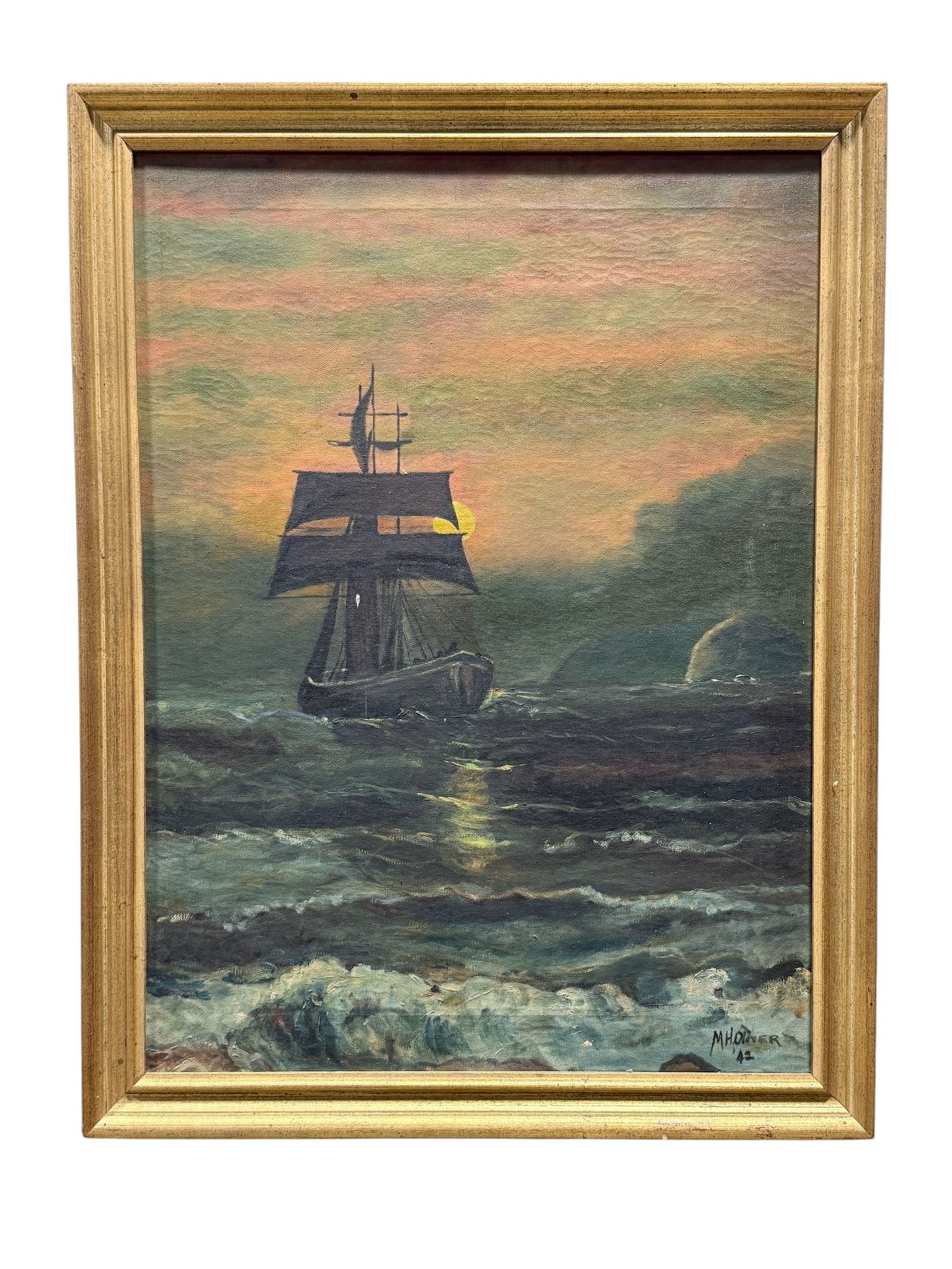 Signed M.H. Oliver Oil on Canvas "Sail Boat at Full Sail" Painting (1 of 5)