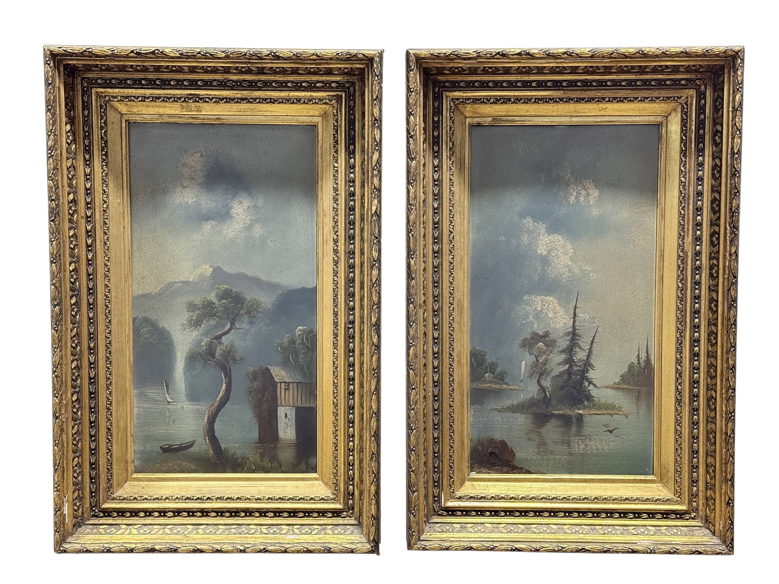 Pair of 19th C. Oil on Board Landscape Paintings: Pair of 19th C. Oil on Board Landscape Paintings. 1 depicting a building and a boat on a body of water & the other show casing a more expansive watery scene with trees, birds and a boat in the distanc