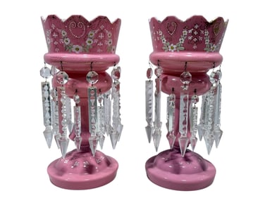Pair of Antique Victorian Pink Cased Glass Lusters