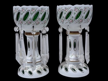 Pair of Bohemian White Cut-To-Emerald Lusters